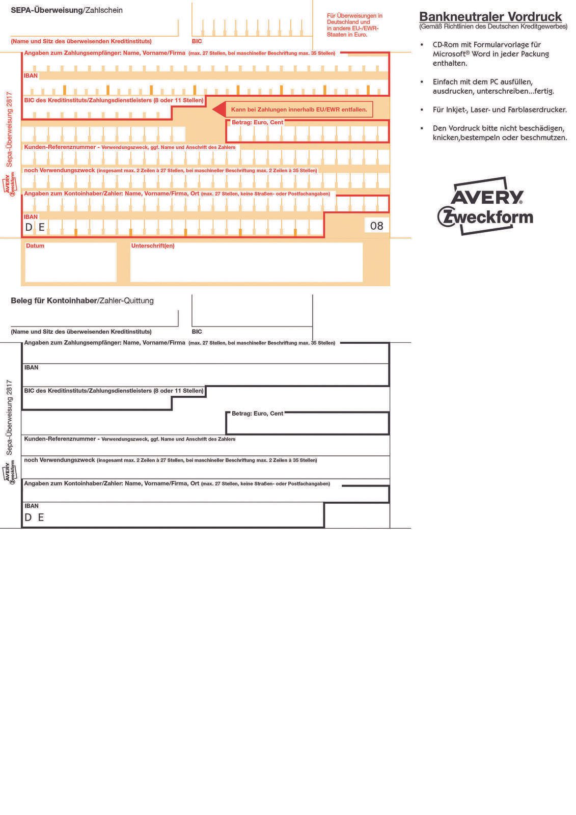 AVERY Zweckform Bankformulare SEPA-Überweisung/Zahlschein DIN A4 200 Seiten