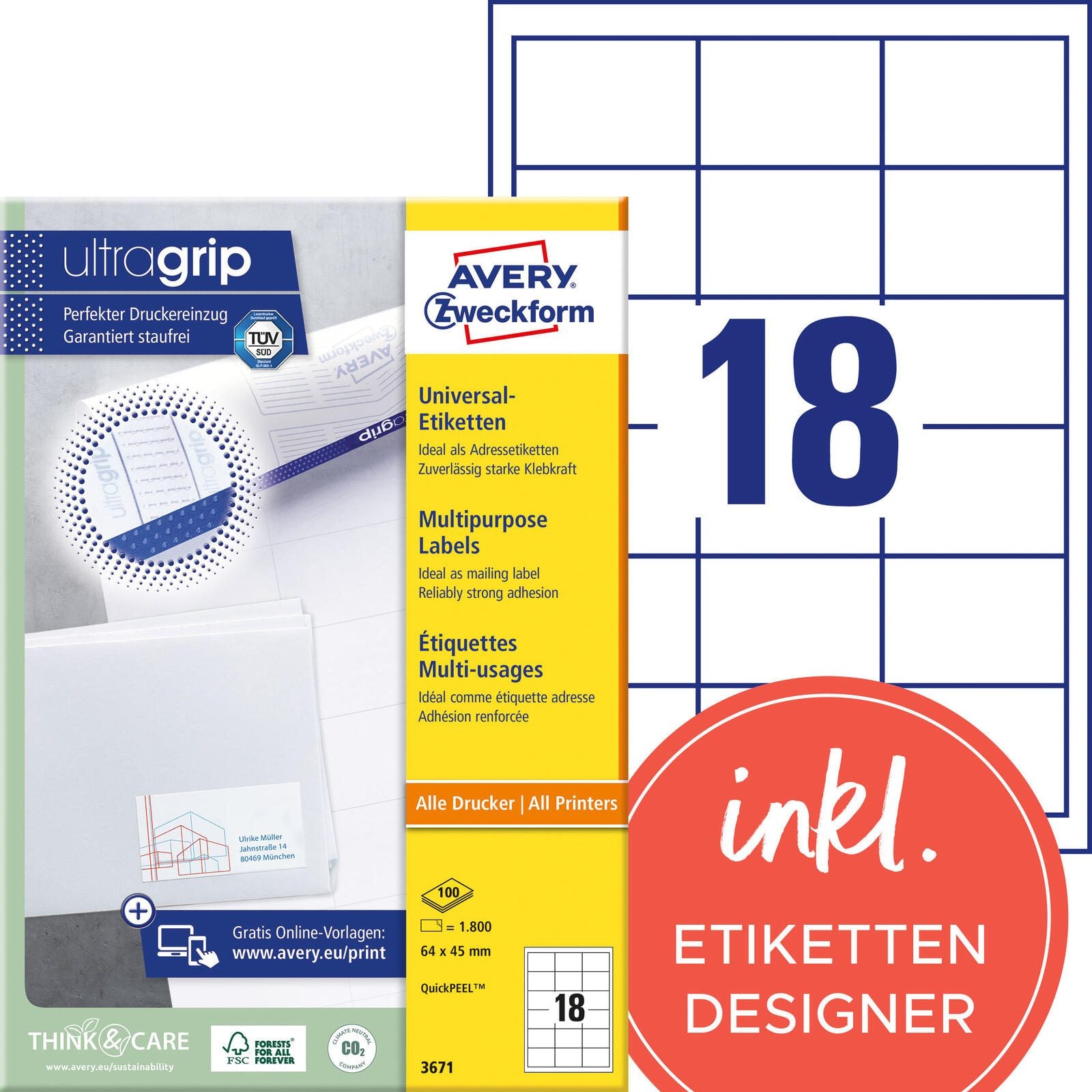 AVERY Zweckform Etiketten 3671 weiß 64,0 x 45,0 mm
