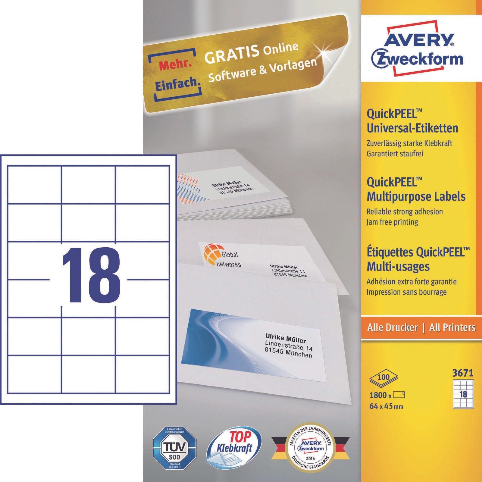 AVERY Zweckform Etiketten 3671 weiß 64,0 x 45,0 mm