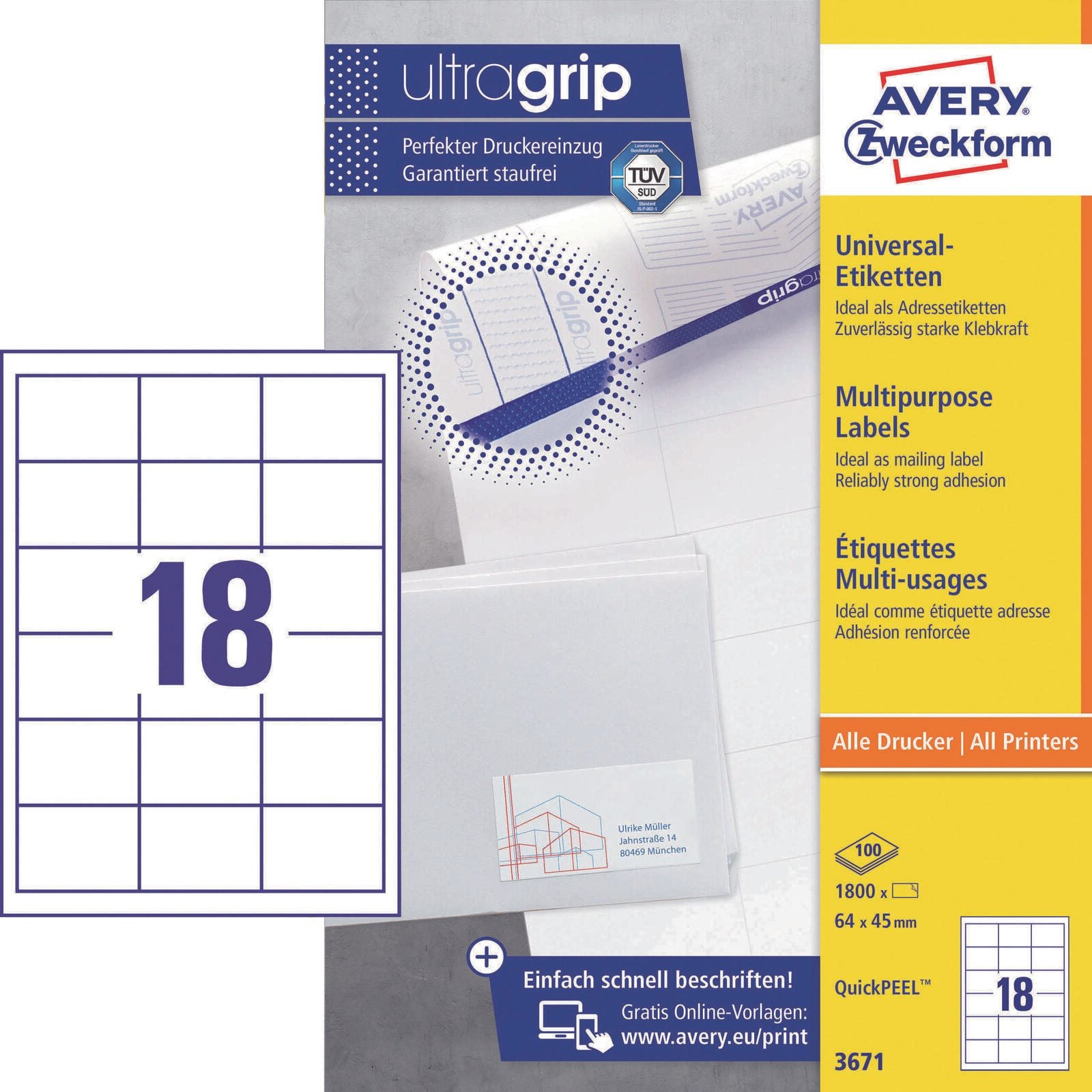 AVERY Zweckform Etiketten 3671 weiß 64,0 x 45,0 mm