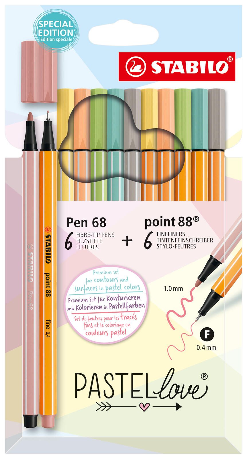 STABILO Schreibset Pen 68/point 88 PASTELlove eukalyptus, hellgelb, hellorange, pistazie, rouge, warmgrau