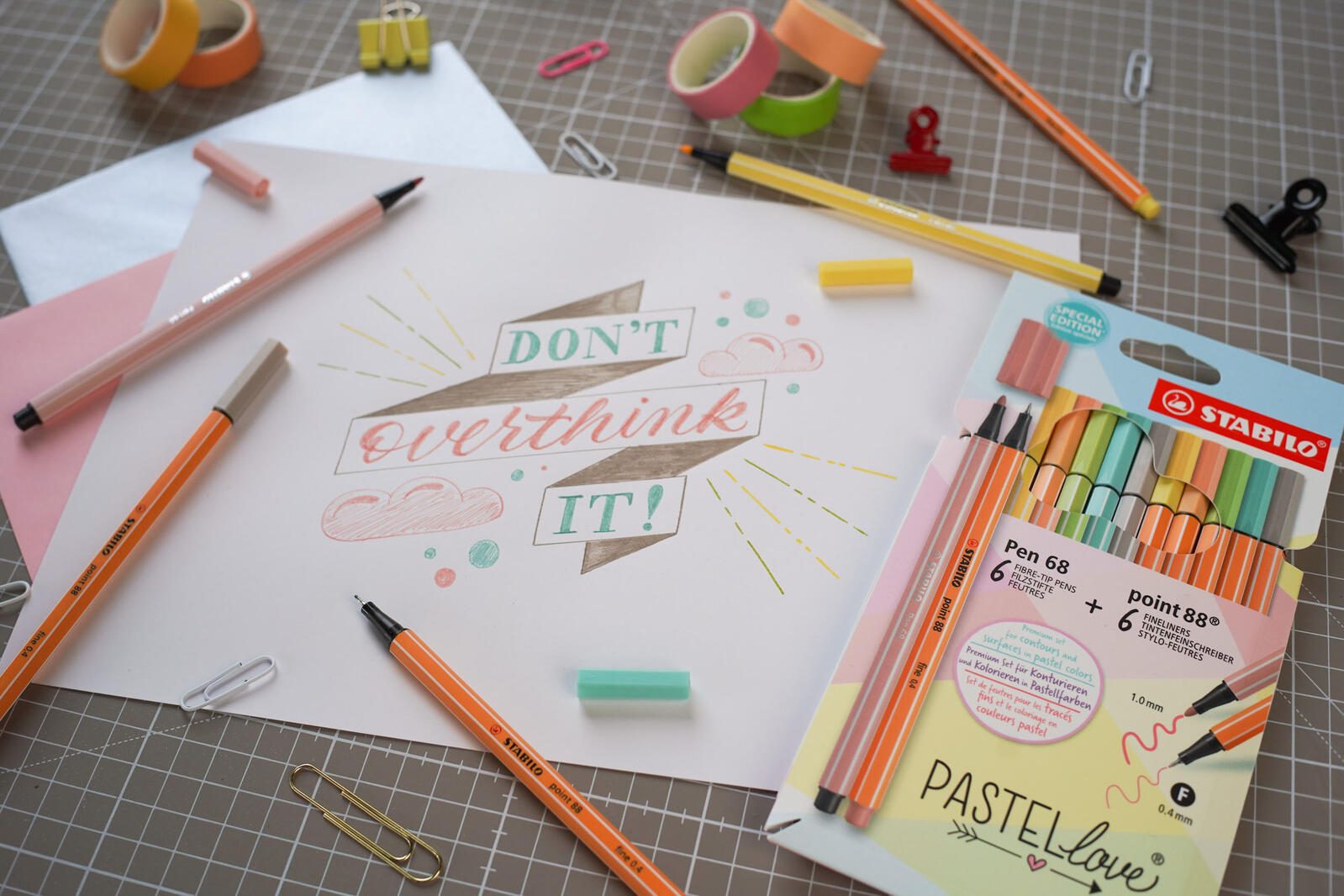 STABILO Schreibset Pen 68/point 88 PASTELlove eukalyptus, hellgelb, hellorange, pistazie, rouge, warmgrau
