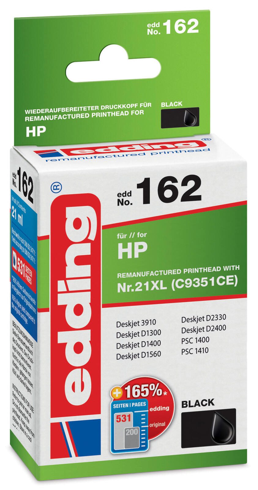 edding Druckerpatrone EDD-162 schwarz kompatibel zu HP 21XL (C9351AE)