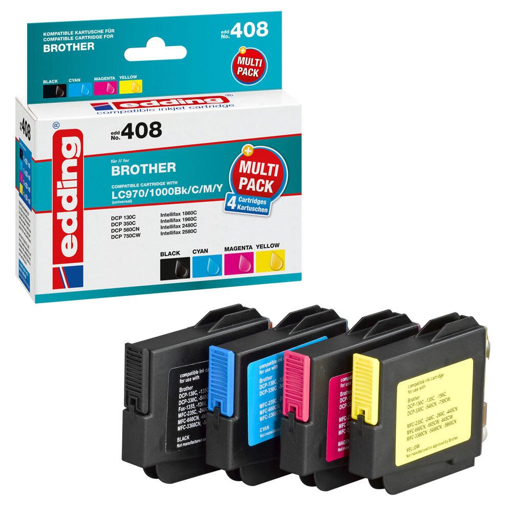 edding Druckerpatronen EDD-408 schwarz, cyan, magenta, gelb kompatibel zu brother LC-970/1000BK/C/M/Y, 4er-Set