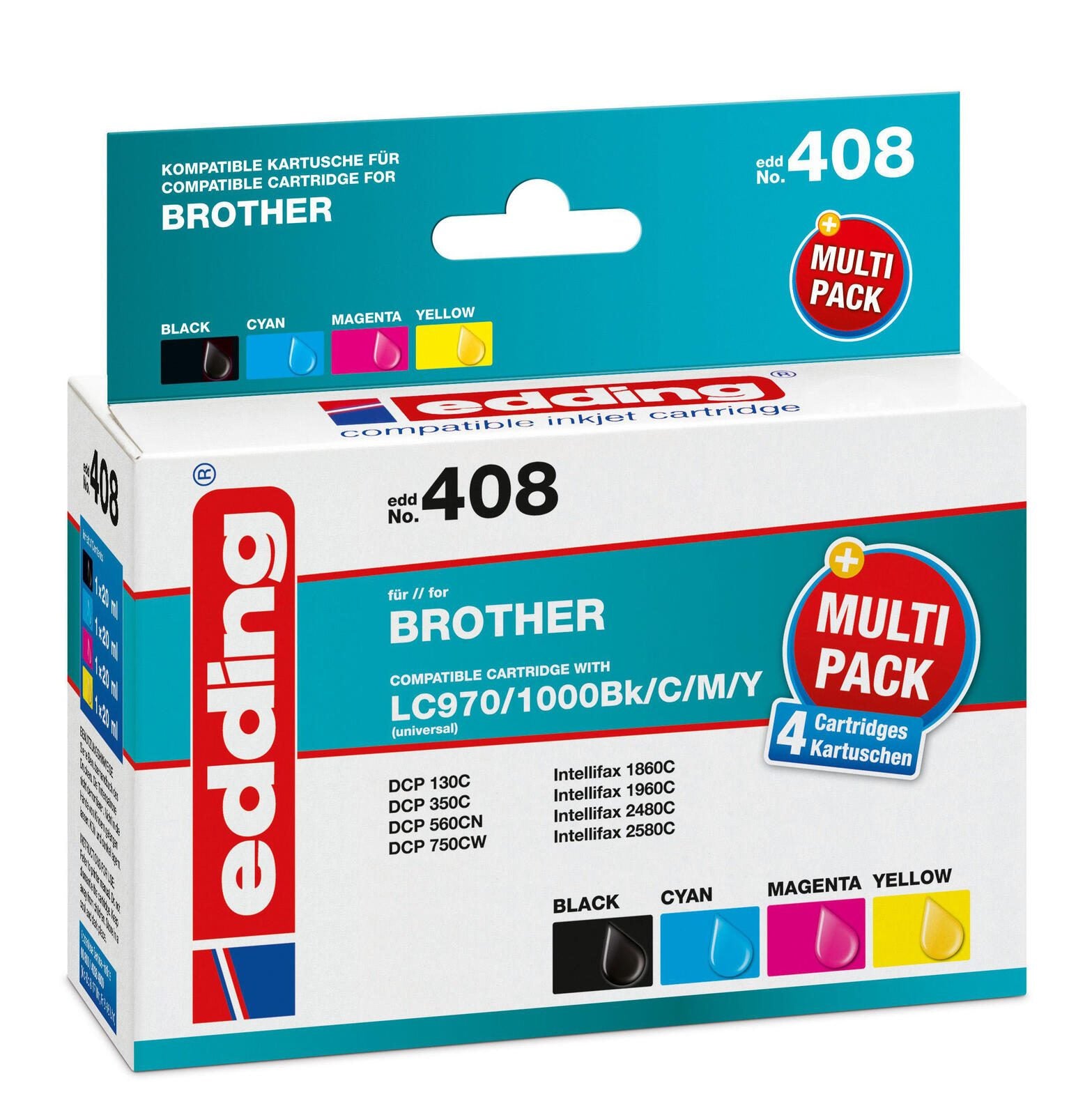 edding Druckerpatronen EDD-408 schwarz, cyan, magenta, gelb kompatibel zu brother LC-970/1000BK/C/M/Y, 4er-Set
