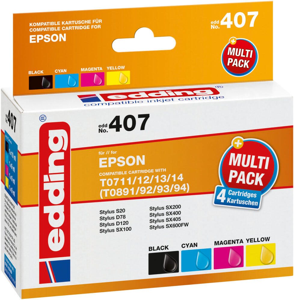 edding Druckerpatronen EDD-407 schwarz, cyan, magenta, gelb kompatibel zu EPSON T0715, 4er-Set