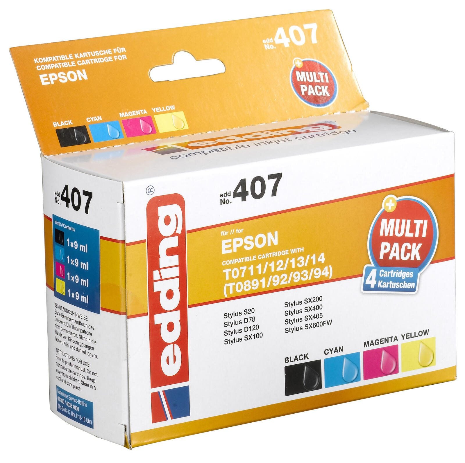 edding Druckerpatronen EDD-407 schwarz, cyan, magenta, gelb kompatibel zu EPSON T0715, 4er-Set