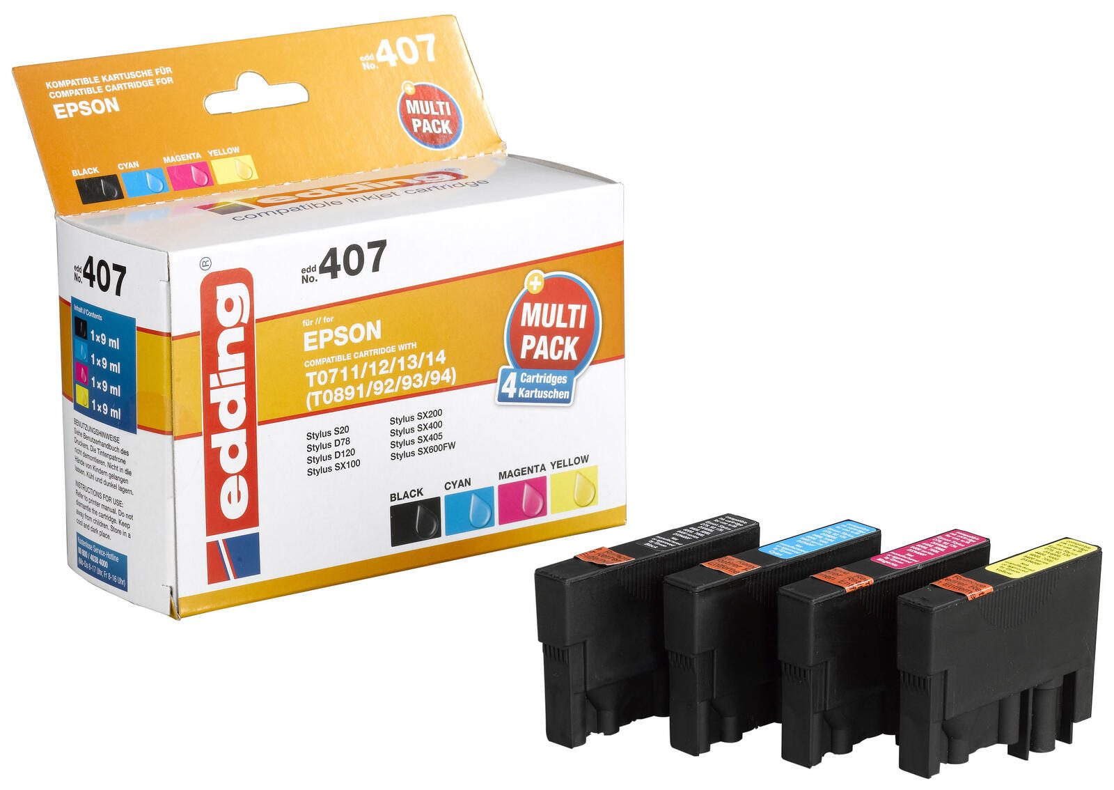 edding Druckerpatronen EDD-407 schwarz, cyan, magenta, gelb kompatibel zu EPSON T0715, 4er-Set