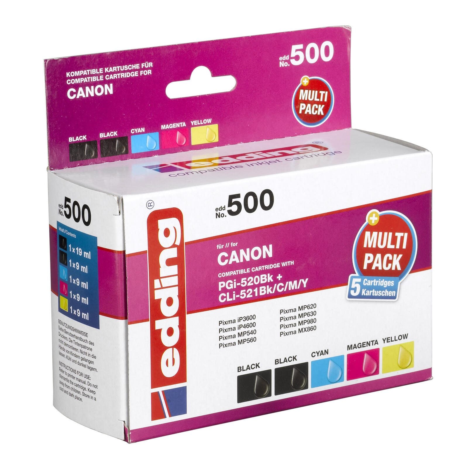 edding Druckerpatronen EDD-500 schwarz, cyan, magenta, gelb kompatibel zu Canon PGI-520 BK, CLI-521 BK/C/M/Y, 5er-Set