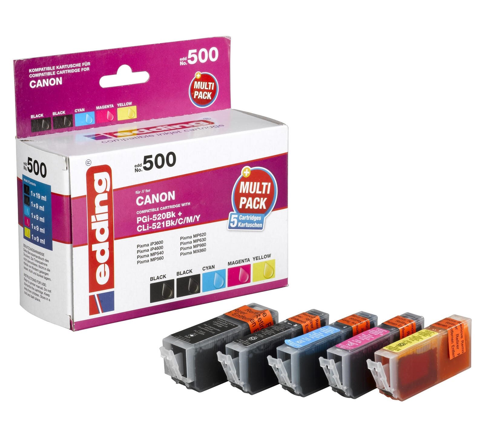 edding Druckerpatronen EDD-500 schwarz, cyan, magenta, gelb kompatibel zu Canon PGI-520 BK, CLI-521 BK/C/M/Y, 5er-Set