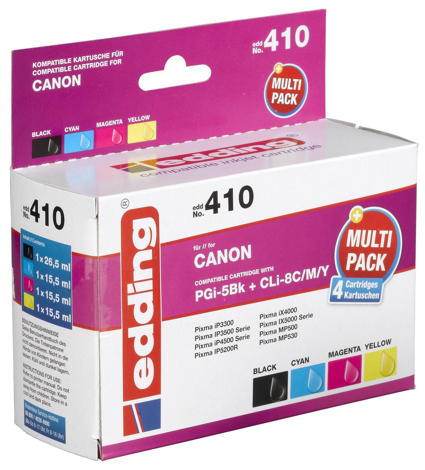 edding Druckerpatronen EDD-410 schwarz, cyan, magenta, gelb kompatibel zu Canon PGI-5 BK, CLI-8 C/M/Y, 4er-Set