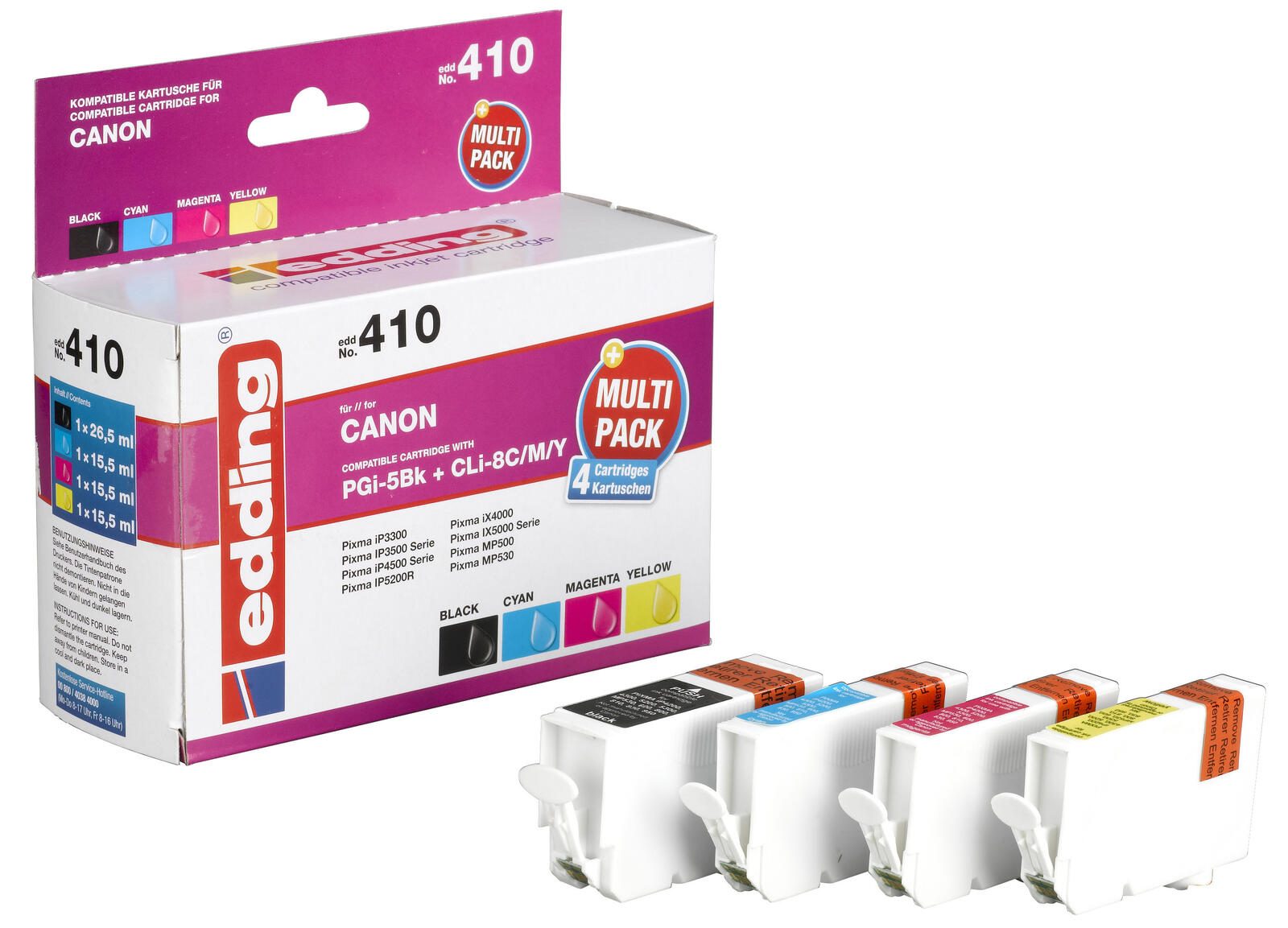 edding Druckerpatronen EDD-410 schwarz, cyan, magenta, gelb kompatibel zu Canon PGI-5 BK, CLI-8 C/M/Y, 4er-Set
