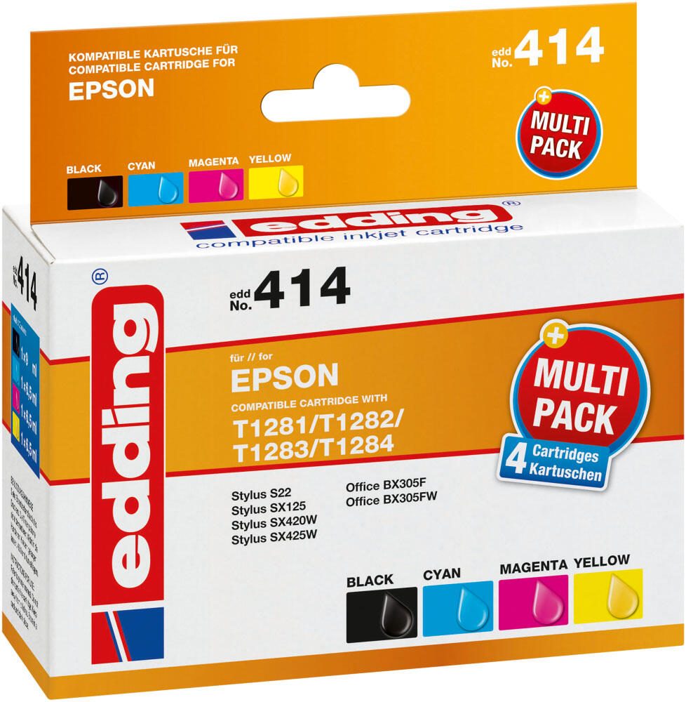 edding Druckerpatronen EDD-414 schwarz, cyan, magenta, gelb kompatibel zu EPSON T1285M, 4er-Set