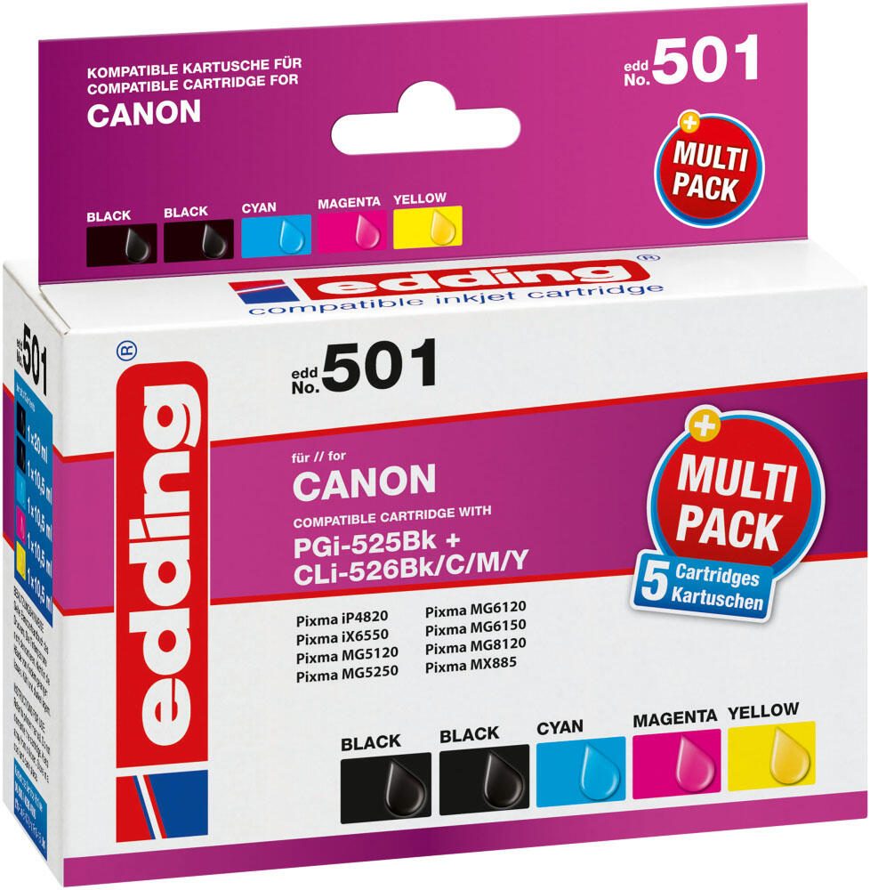 edding Druckerpatronen EDD-501 2x schwarz, cyan, magenta, gelb kompatibel zu Canon PGI-525 BK, CLI-526 BK/C/M/Y, 5er-Set