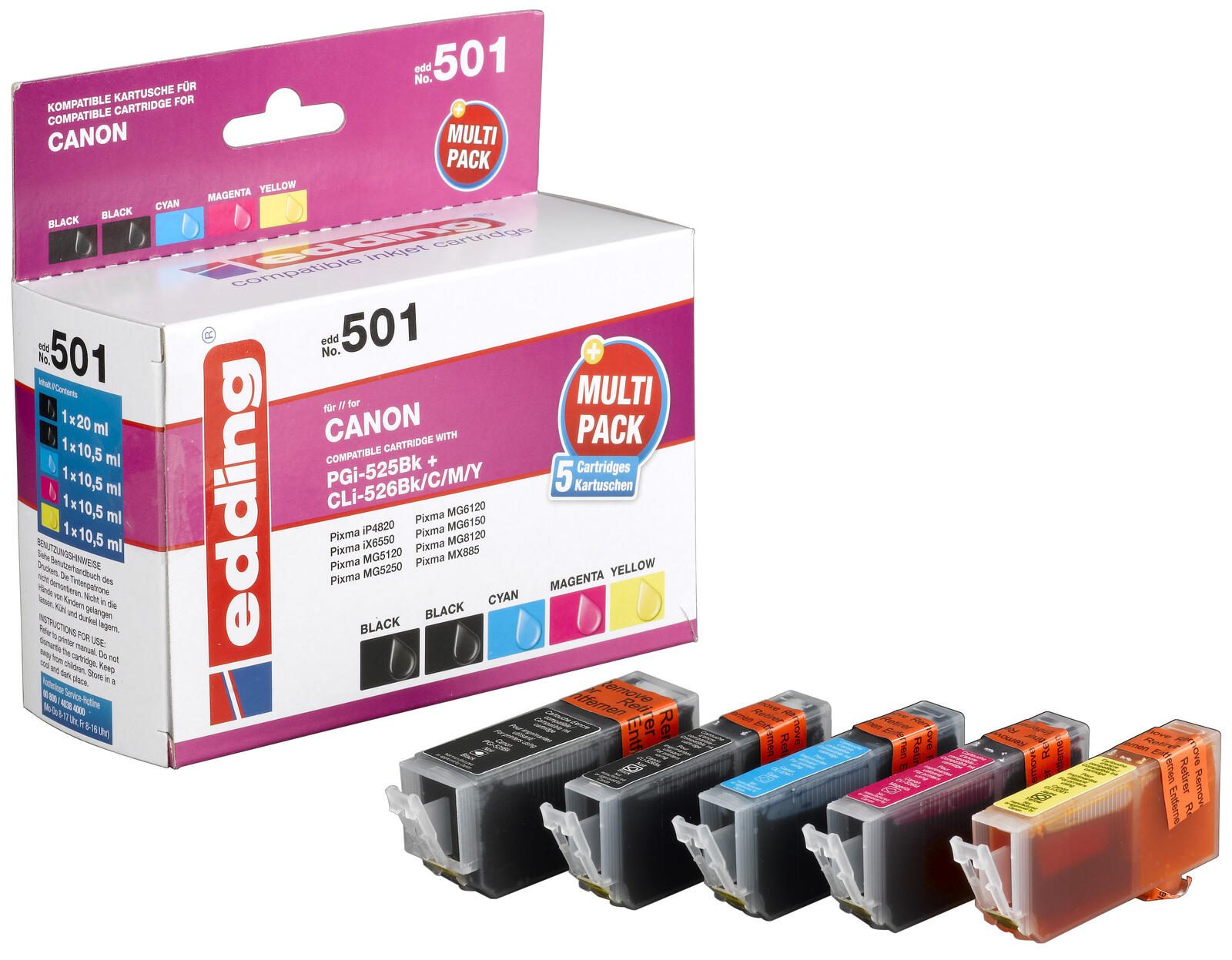 edding Druckerpatronen EDD-501 2x schwarz, cyan, magenta, gelb kompatibel zu Canon PGI-525 BK, CLI-526 BK/C/M/Y, 5er-Set