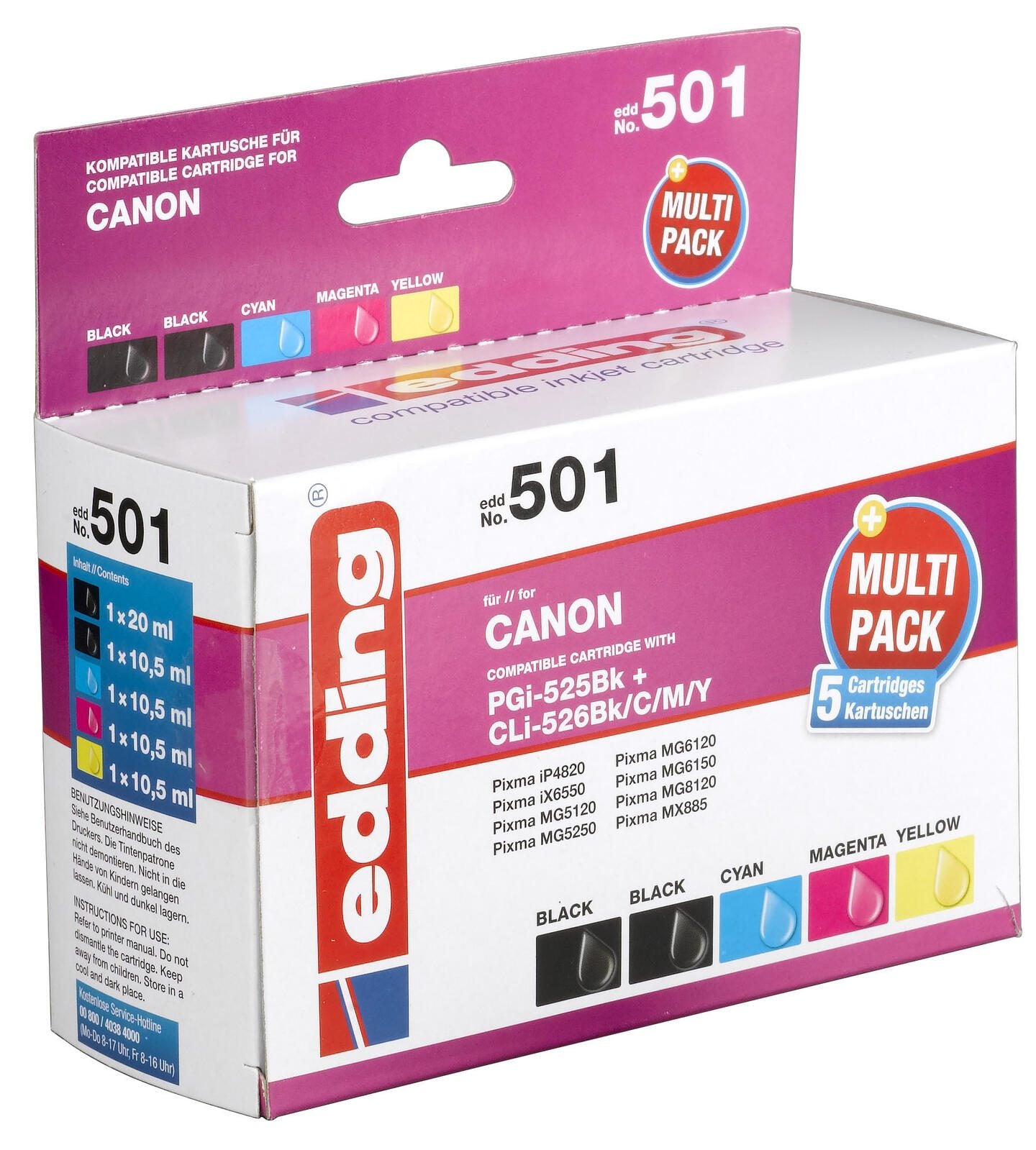 edding Druckerpatronen EDD-501 2x schwarz, cyan, magenta, gelb kompatibel zu Canon PGI-525 BK, CLI-526 BK/C/M/Y, 5er-Set