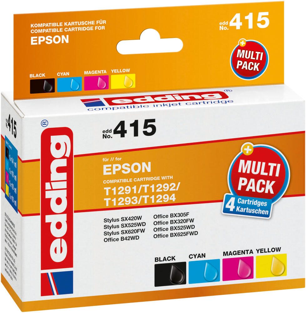 edding Druckerpatronen EDD-415 schwarz, cyan, magenta, gelb kompatibel zu EPSON T1295L, 4er-Set