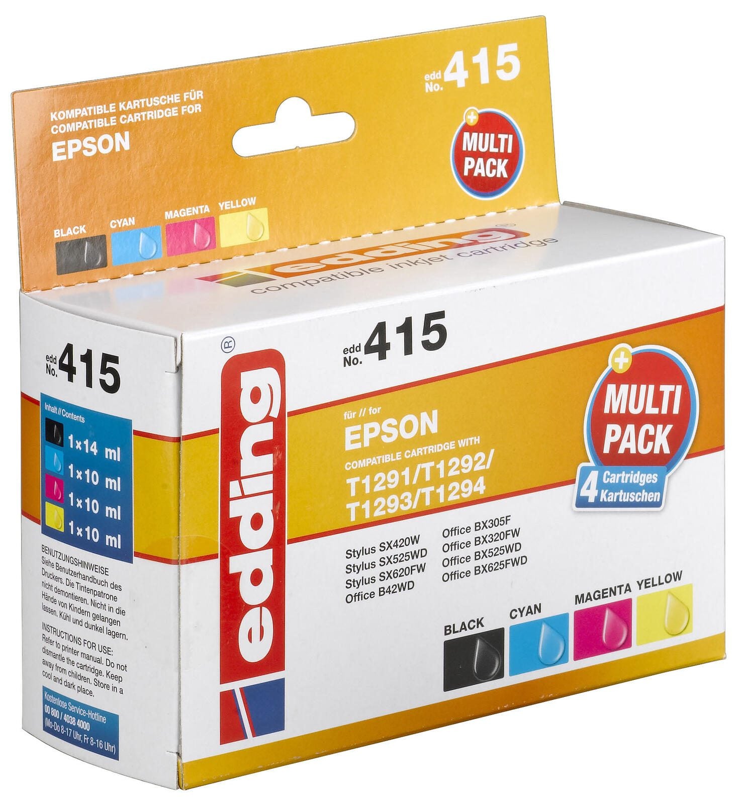 edding Druckerpatronen EDD-415 schwarz, cyan, magenta, gelb kompatibel zu EPSON T1295L, 4er-Set