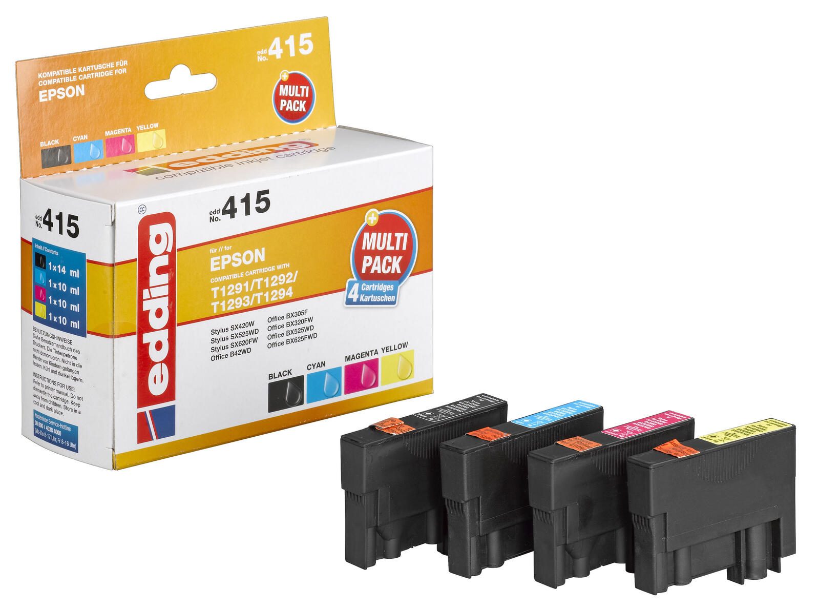 edding Druckerpatronen EDD-415 schwarz, cyan, magenta, gelb kompatibel zu EPSON T1295L, 4er-Set