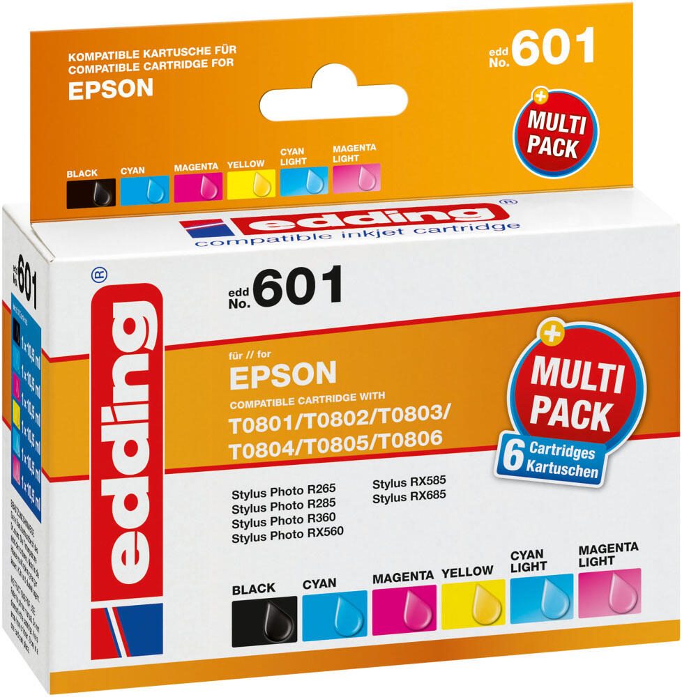 edding Druckerpatronen EDD-601 schwarz, cyan, magenta, gelb, light cyan, light magenta kompatibel zu EPSON T0807, 6er-Se