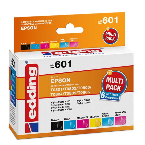 edding Druckerpatronen EDD-601 schwarz, cyan, magenta, gelb, light cyan, light magenta kompatibel zu EPSON T0807, 6er-Se