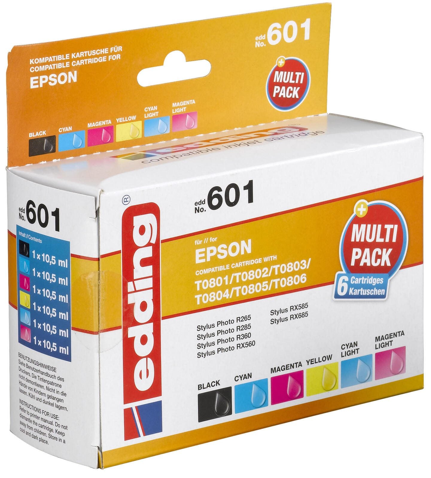 edding Druckerpatronen EDD-601 schwarz, cyan, magenta, gelb, light cyan, light magenta kompatibel zu EPSON T0807, 6er-Se