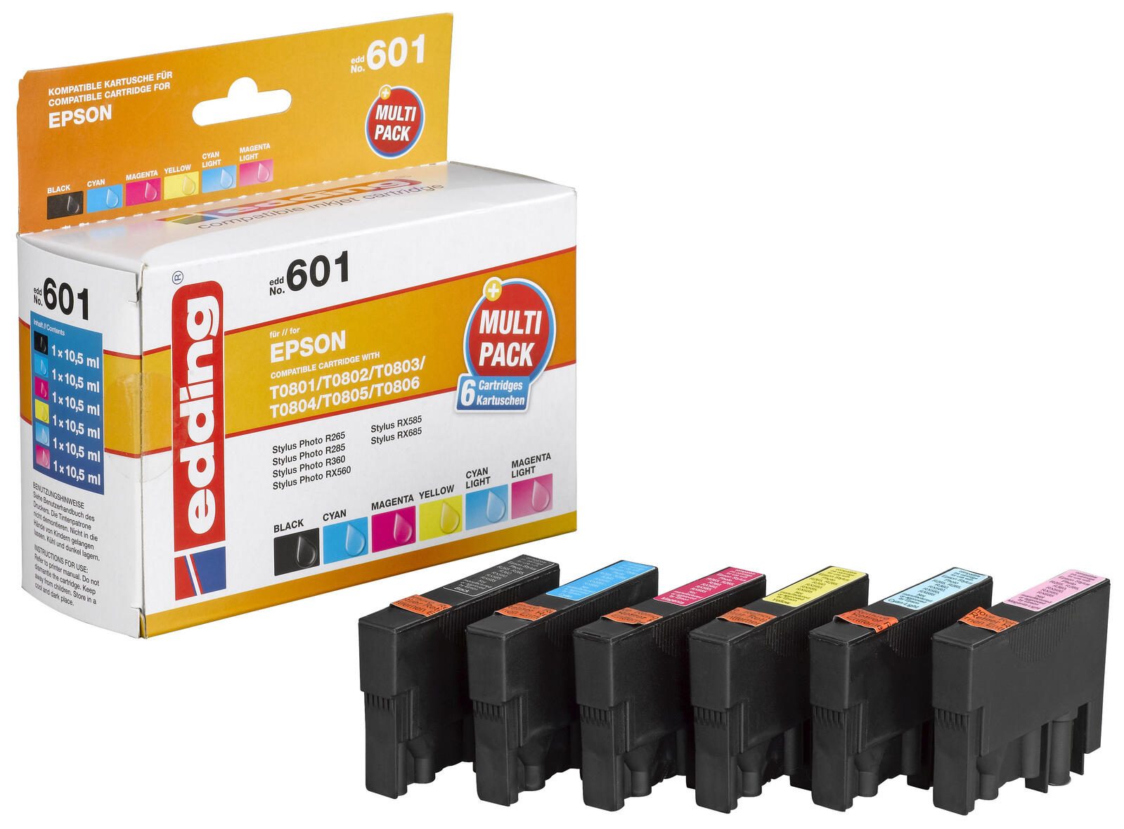 edding Druckerpatronen EDD-601 schwarz, cyan, magenta, gelb, light cyan, light magenta kompatibel zu EPSON T0807, 6er-Se