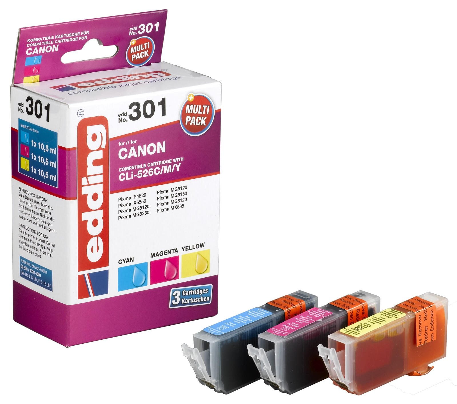 edding Druckerpatronen EDD-301 cyan, magenta, gelb kompatibel zu Canon CLI-526 C/M/Y, 3er-Set