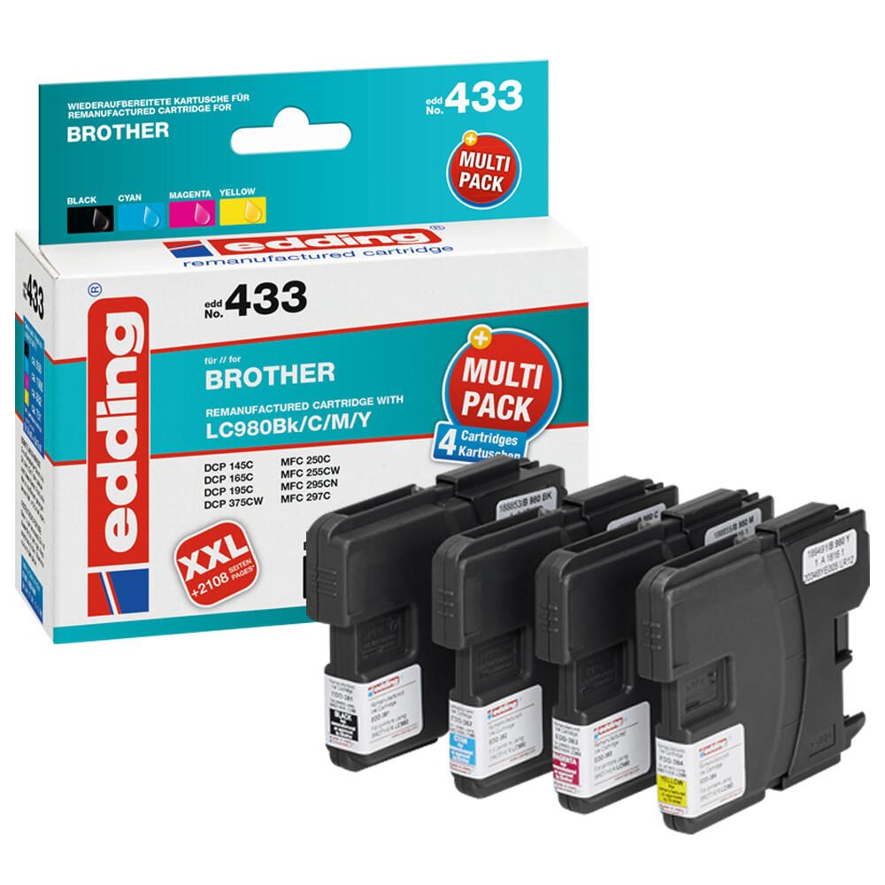 edding Druckerpatronen EDD-433 schwarz, cyan, magenta, gelb kompatibel zu brother LC-980BK/C/M/Y, 4er-Set