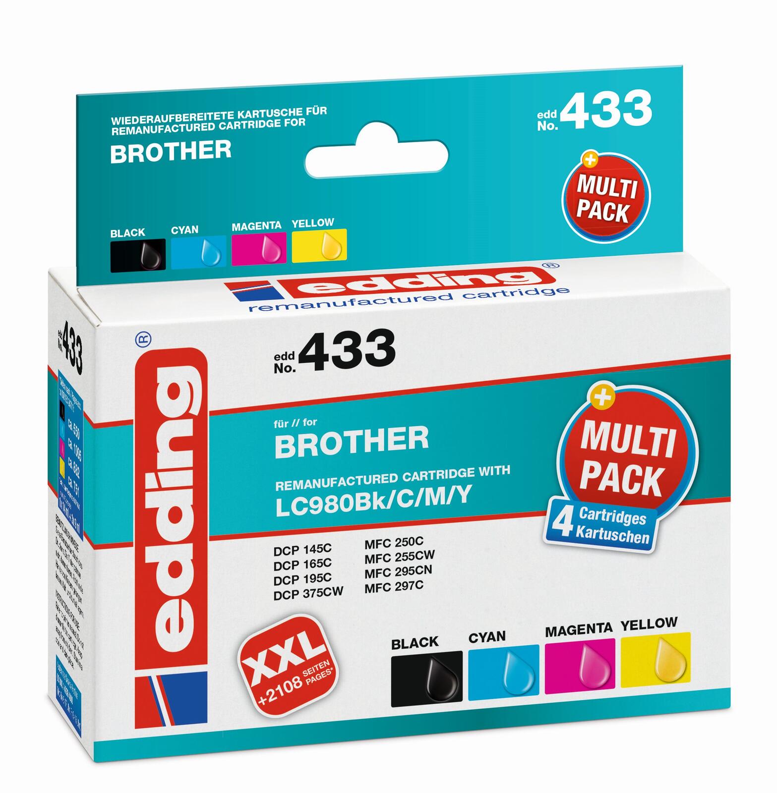 edding Druckerpatronen EDD-433 schwarz, cyan, magenta, gelb kompatibel zu brother LC-980BK/C/M/Y, 4er-Set