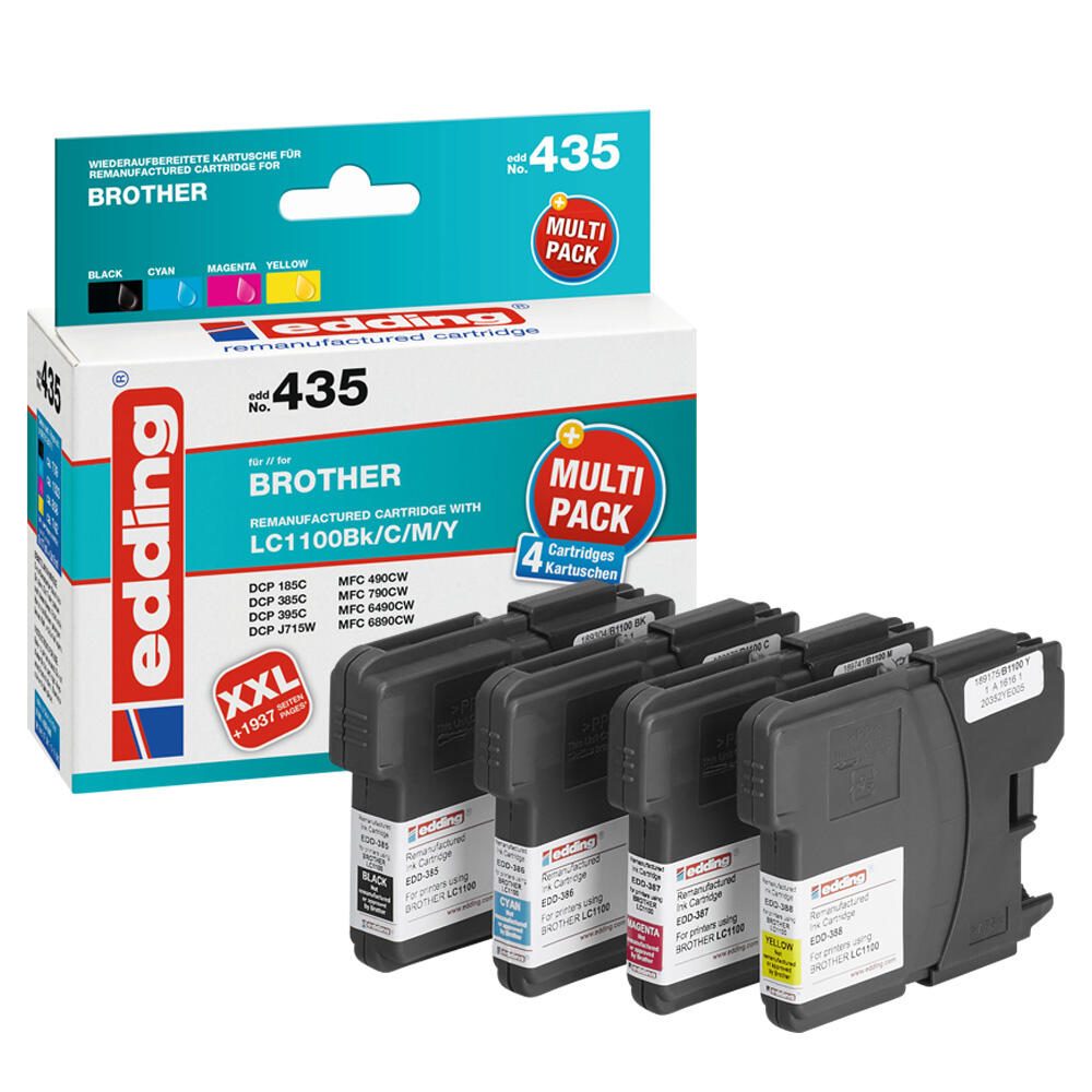 edding Druckerpatronen EDD-435 schwarz, cyan, magenta, gelb kompatibel zu brother LC-1100BK/C/M/Y, 4er-Set