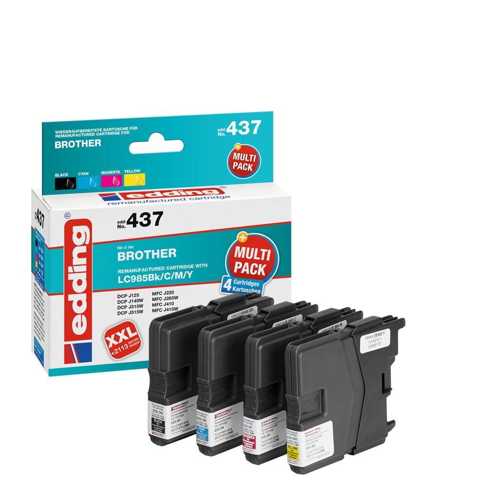 edding Druckerpatronen EDD-437 schwarz, cyan, magenta, gelb kompatibel zu brother LC-985BK/C/M/Y, 4er-Set