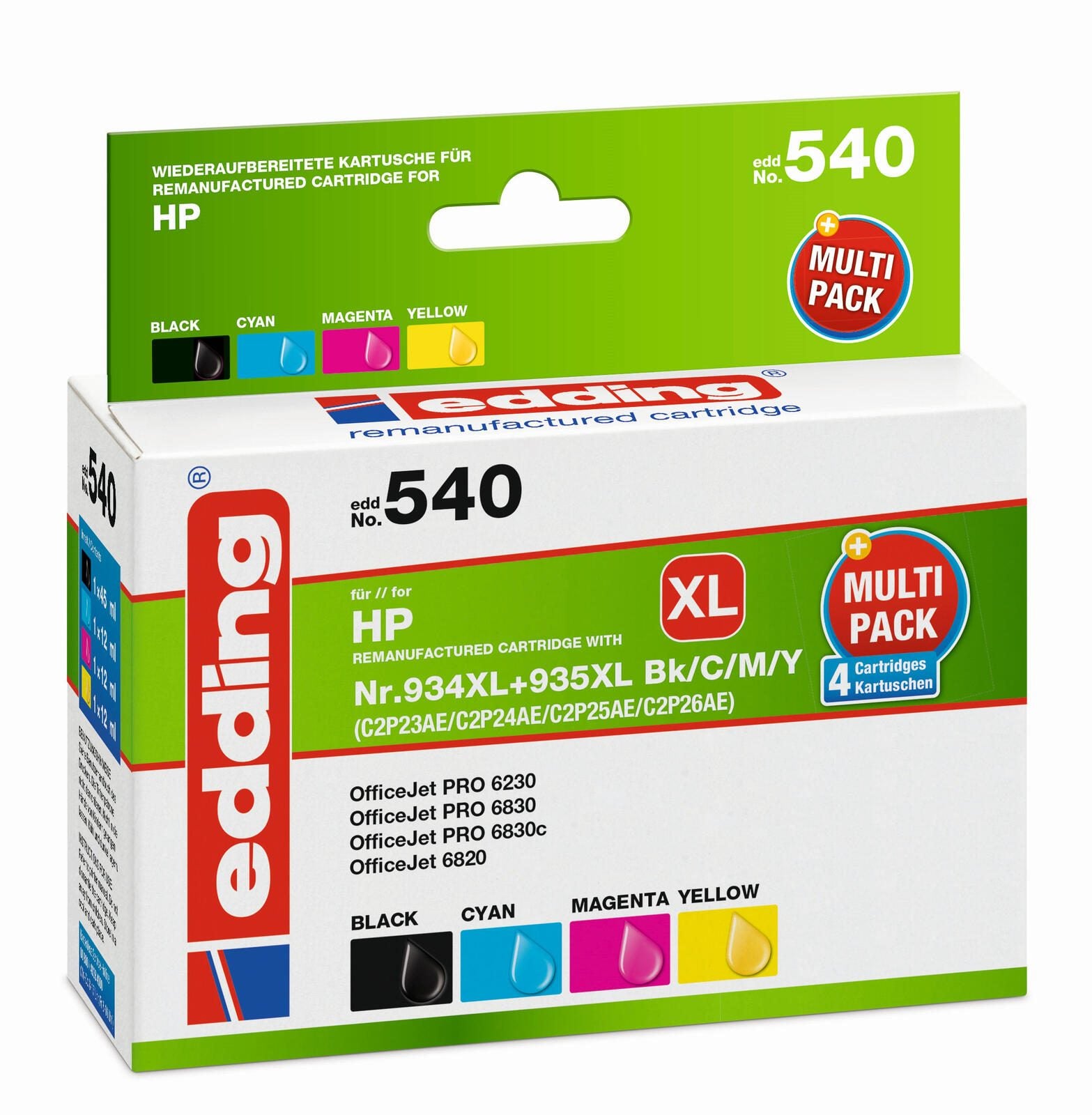 edding Druckerpatronen EDD-540 schwarz, cyan, magenta, gelb kompatibel zu HP 934XL + 935XL (X4E14AE), 4er-Set