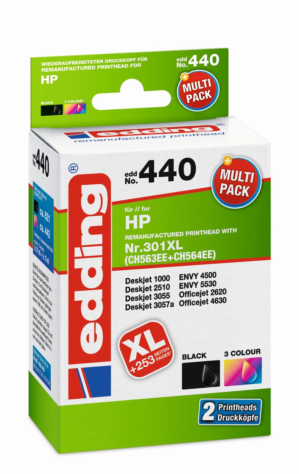 edding Druckerpatronen EDD-440 schwarz, color kompatibel zu HP 301XL (CH563EE/CH564EE), 2er-Set
