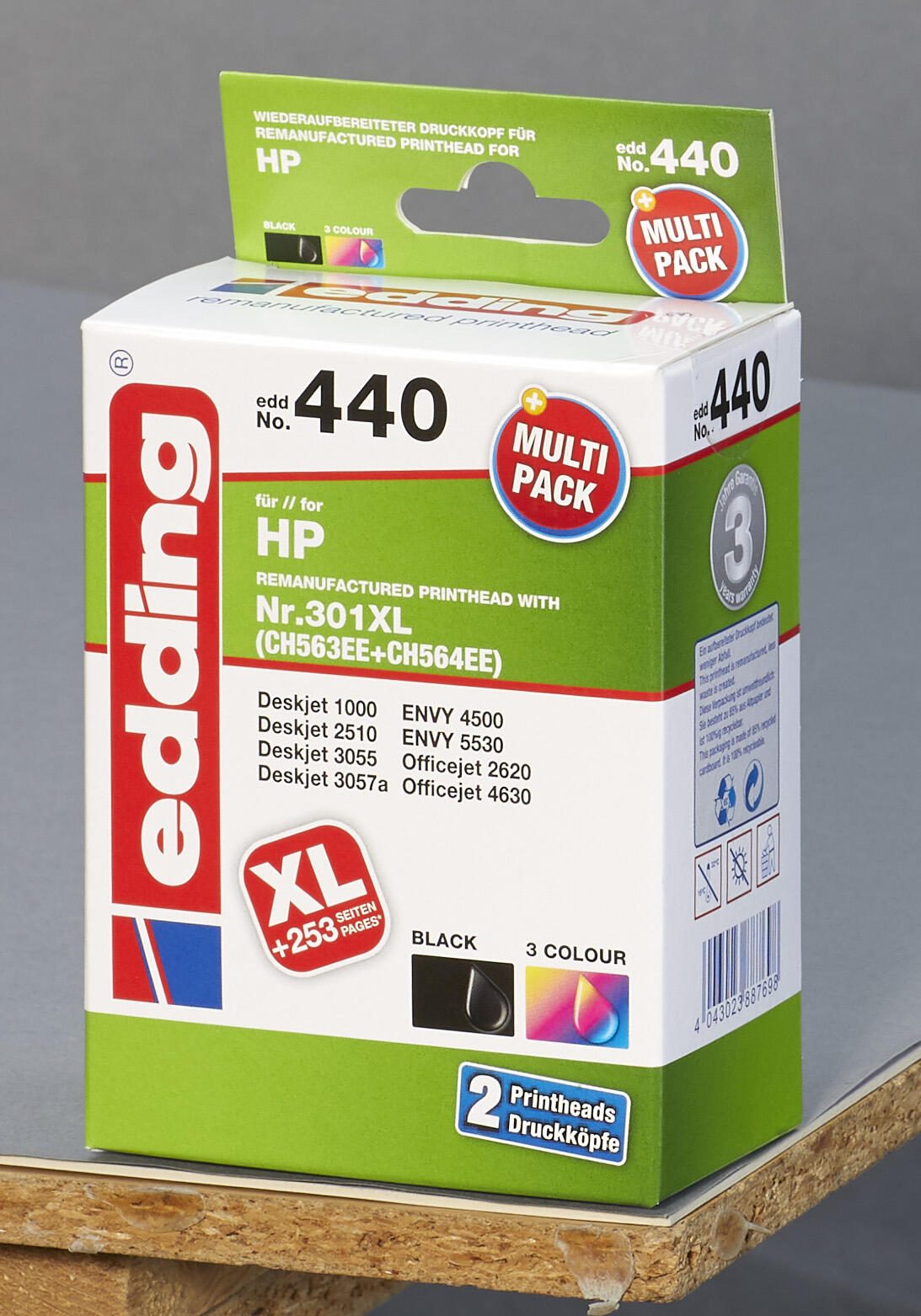 edding Druckerpatronen EDD-440 schwarz, color kompatibel zu HP 301XL (CH563EE/CH564EE), 2er-Set