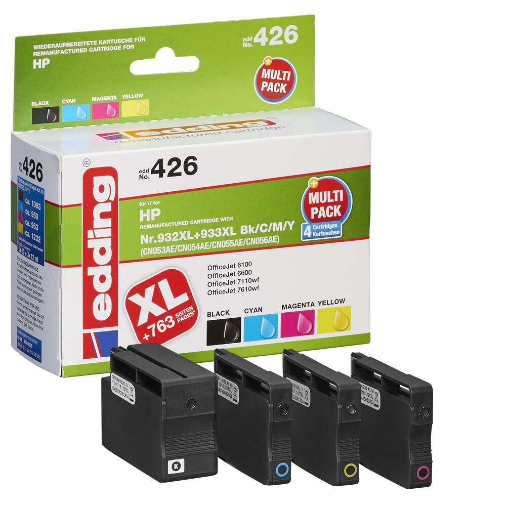 edding Druckerpatronen EDD-426 schwarz, cyan, magenta, gelb kompatibel zu HP 932XL + 933XL (C2P42AE), 4er-Set