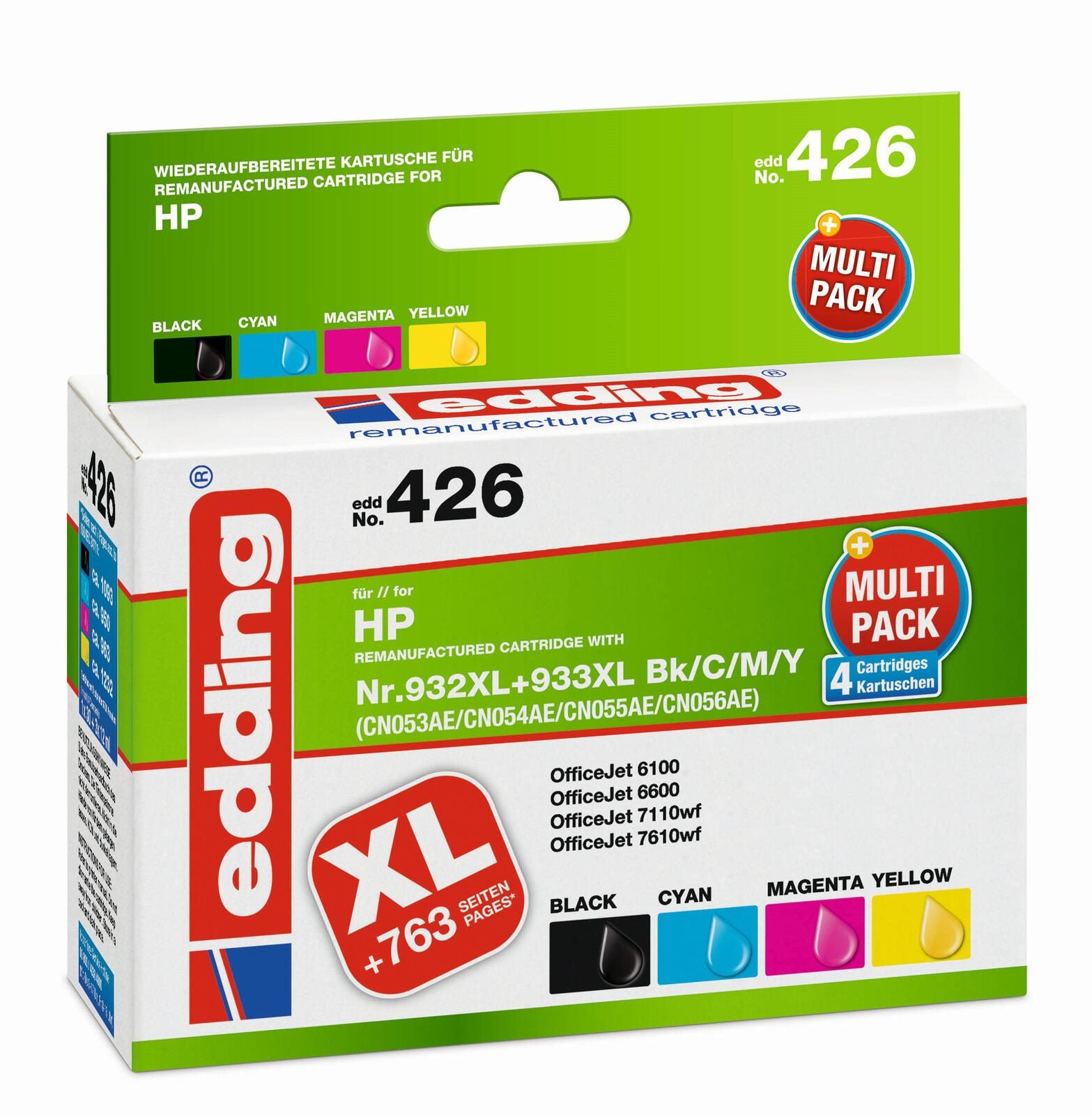 edding Druckerpatronen EDD-426 schwarz, cyan, magenta, gelb kompatibel zu HP 932XL + 933XL (C2P42AE), 4er-Set