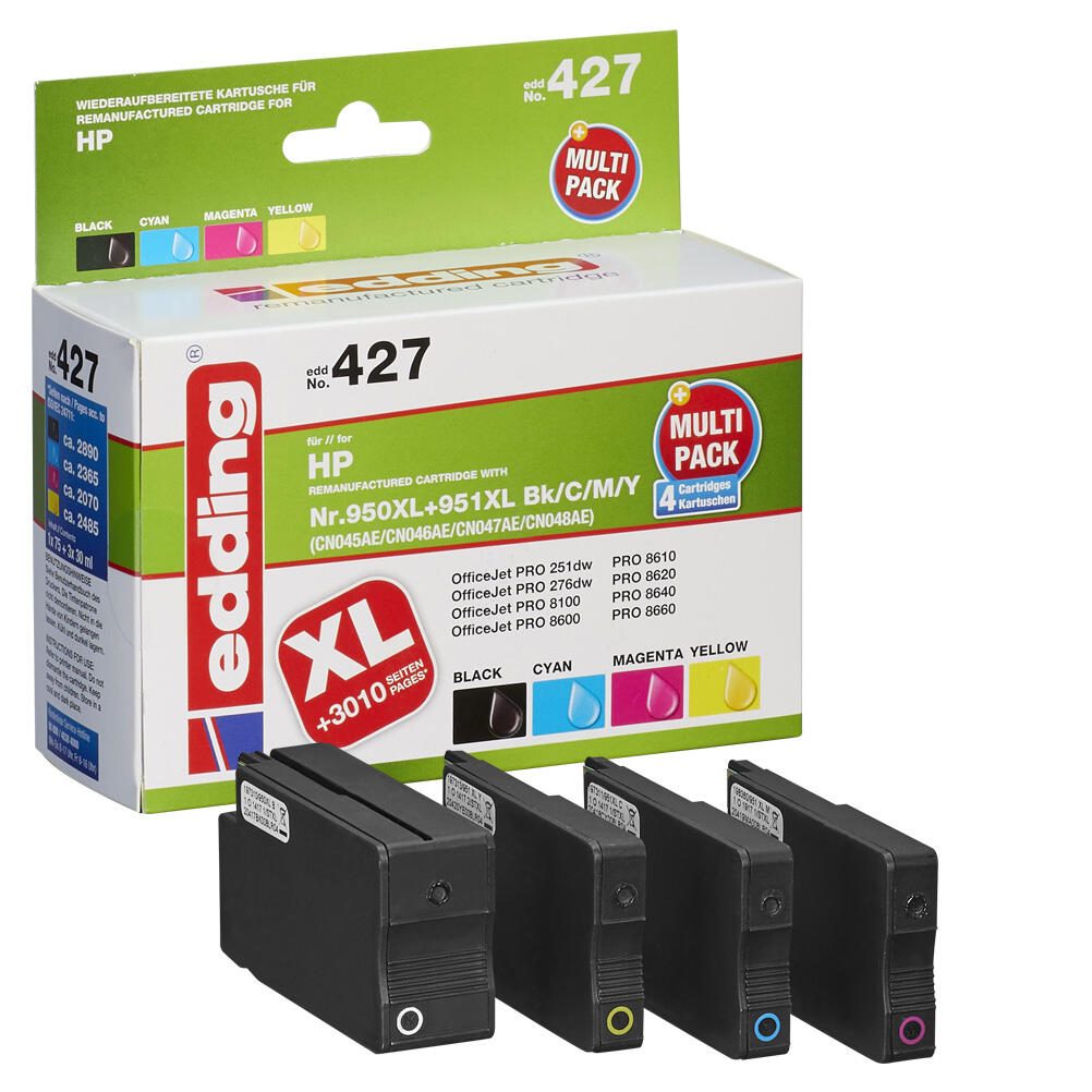 edding Druckerpatronen EDD-427 schwarz, cyan, magenta, gelb kompatibel zu HP 950XL + 951XL (C2P43AE), 4er-Set