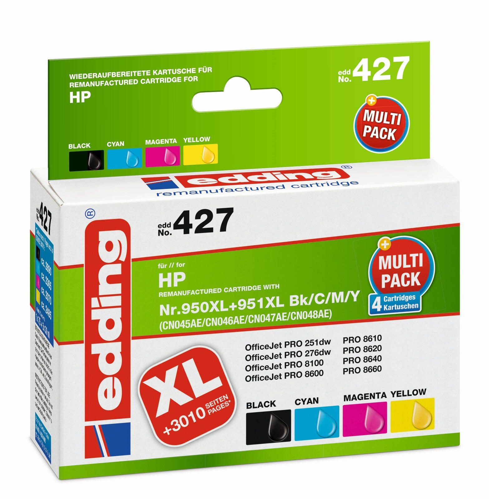 edding Druckerpatronen EDD-427 schwarz, cyan, magenta, gelb kompatibel zu HP 950XL + 951XL (C2P43AE), 4er-Set