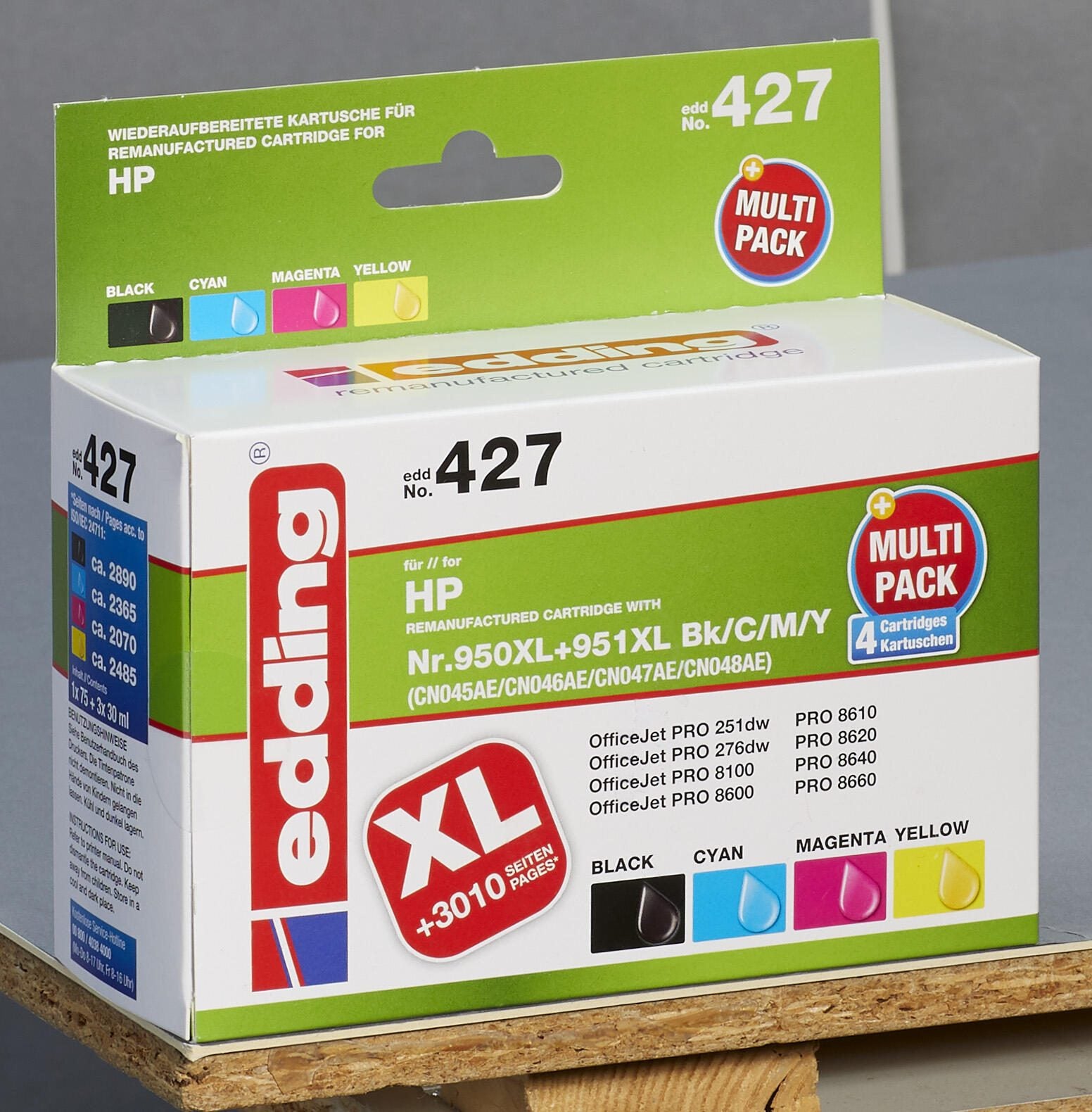 edding Druckerpatronen EDD-427 schwarz, cyan, magenta, gelb kompatibel zu HP 950XL + 951XL (C2P43AE), 4er-Set