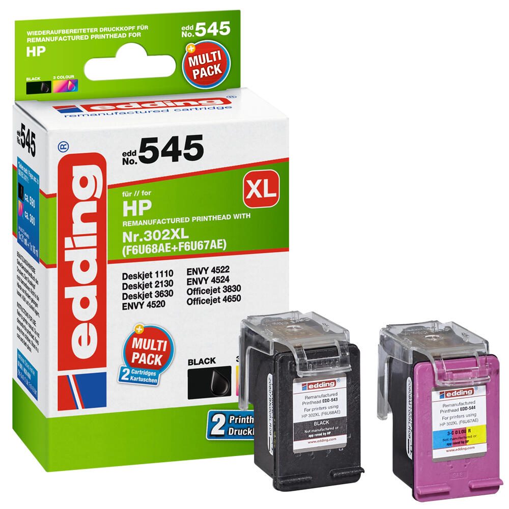 edding Druckerpatronen EDD-545 schwarz, color kompatibel zu HP 302XL (F6U67AE), 2er-Set