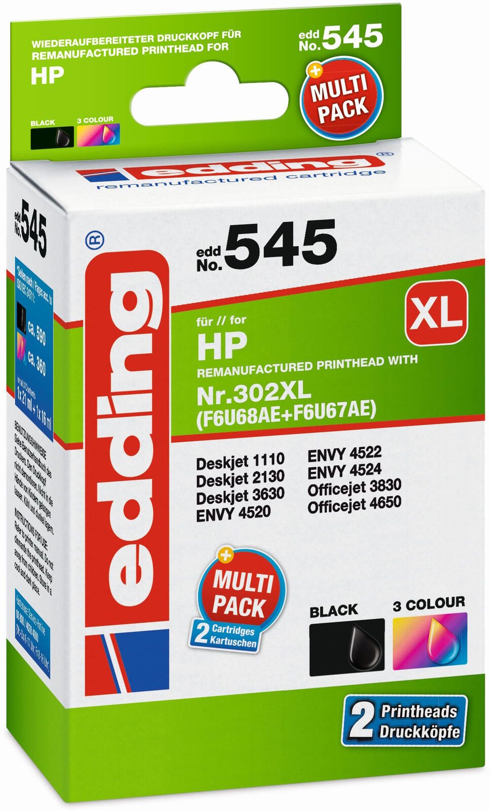 edding Druckerpatronen EDD-545 schwarz, color kompatibel zu HP 302XL (F6U67AE), 2er-Set