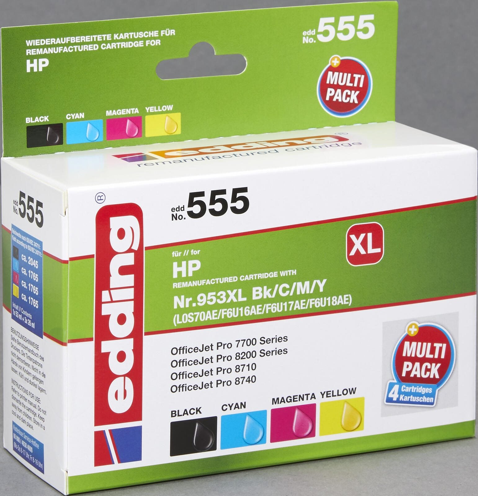 edding Druckerpatronen EDD-555 schwarz, cyan, magenta, gelb kompatibel zu HP 953XL (3HZ52AE), 4er-Set
