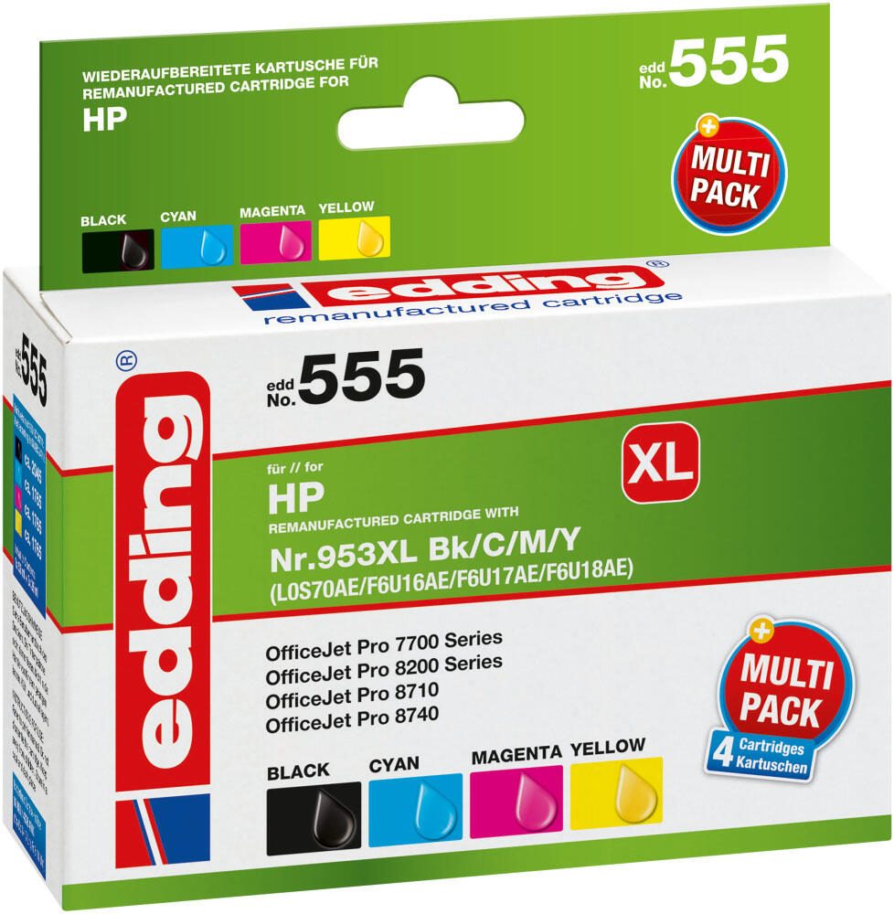 edding Druckerpatronen EDD-555 schwarz, cyan, magenta, gelb kompatibel zu HP 953XL (3HZ52AE), 4er-Set