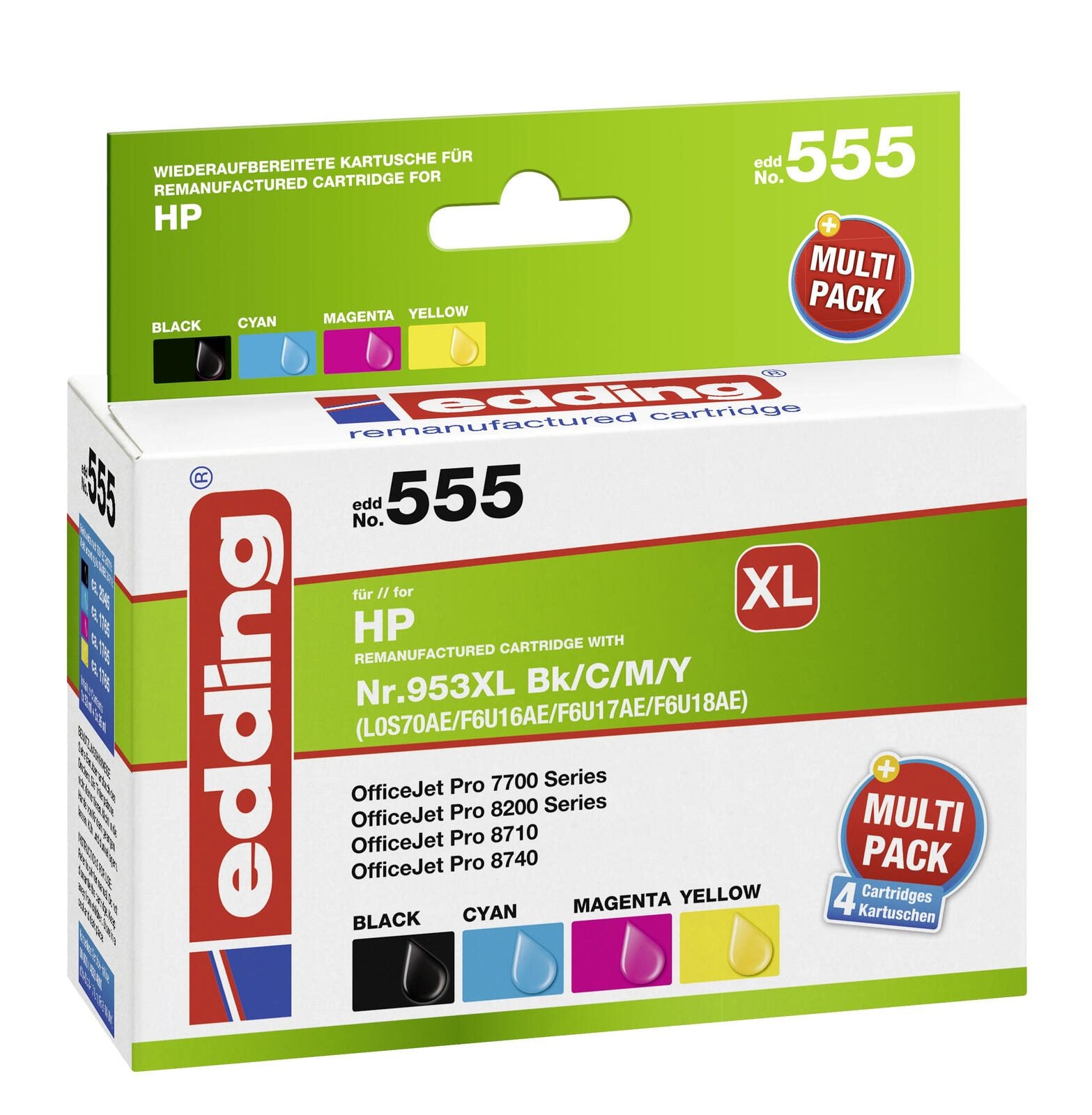 edding Druckerpatronen EDD-555 schwarz, cyan, magenta, gelb kompatibel zu HP 953XL (3HZ52AE), 4er-Set