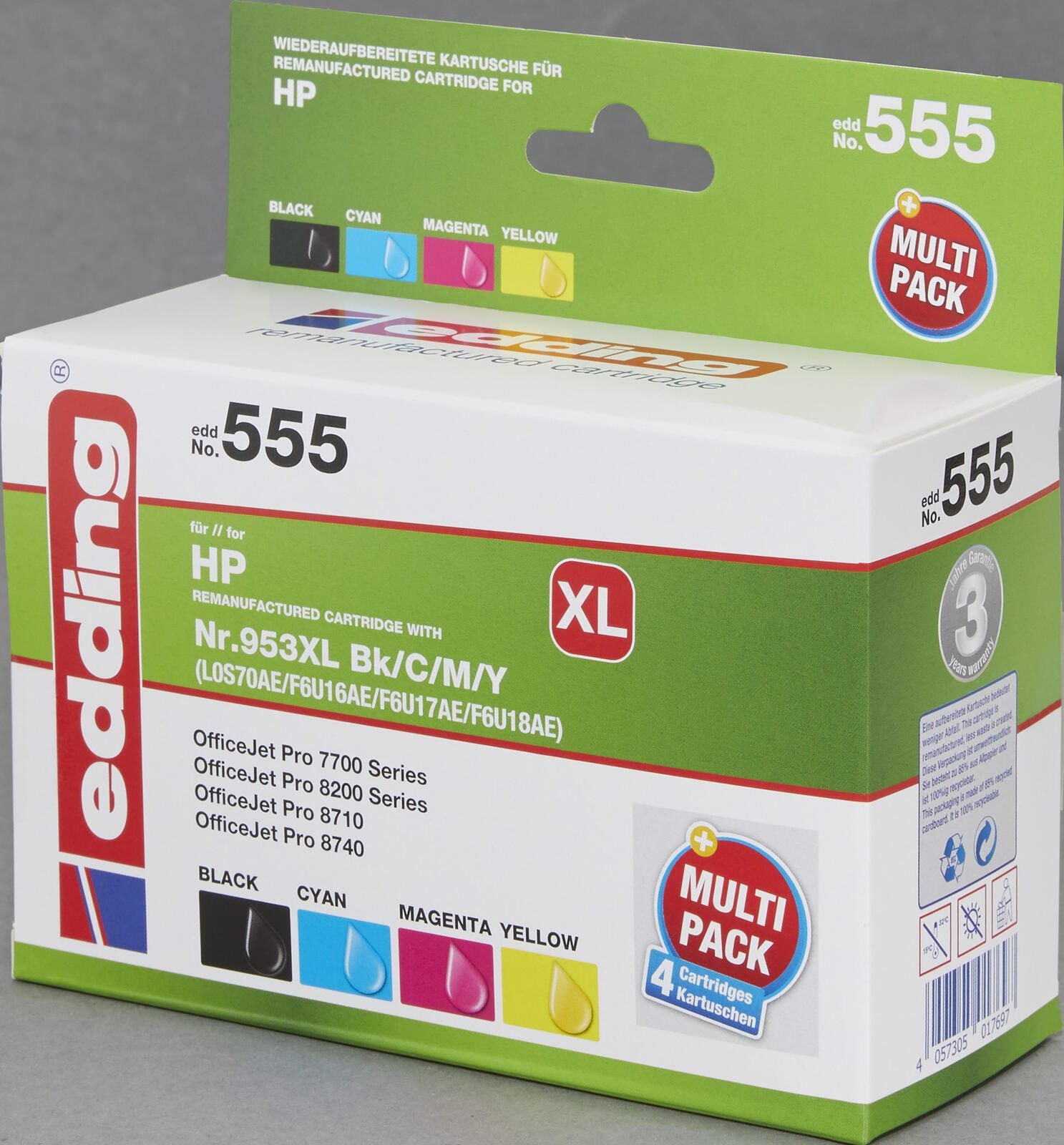 edding Druckerpatronen EDD-555 schwarz, cyan, magenta, gelb kompatibel zu HP 953XL (3HZ52AE), 4er-Set