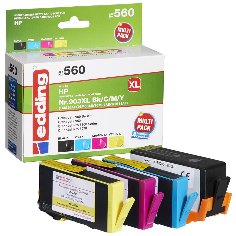 edding Druckerpatronen EDD-560 schwarz, cyan, magenta, gelb kompatibel zu HP 903XL (3HZ51AE), 4er-Set
