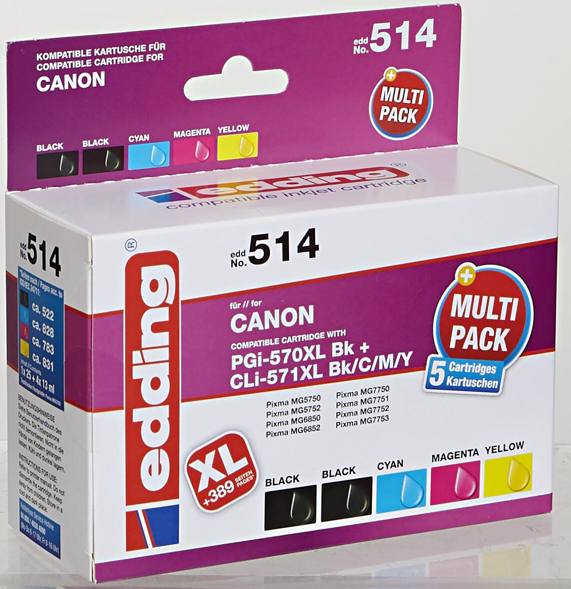 edding Druckerpatronen EDD-514 schwarz, cyan, magenta, gelb kompatibel zu Canon PGI-570XL/CLI-571XL BK/C/M/Y, 5er-Set