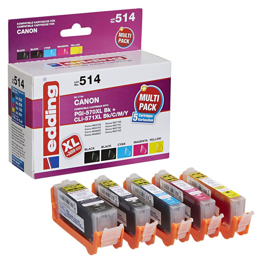 edding Druckerpatronen EDD-514 schwarz, cyan, magenta, gelb kompatibel zu Canon PGI-570XL/CLI-571XL BK/C/M/Y, 5er-Set