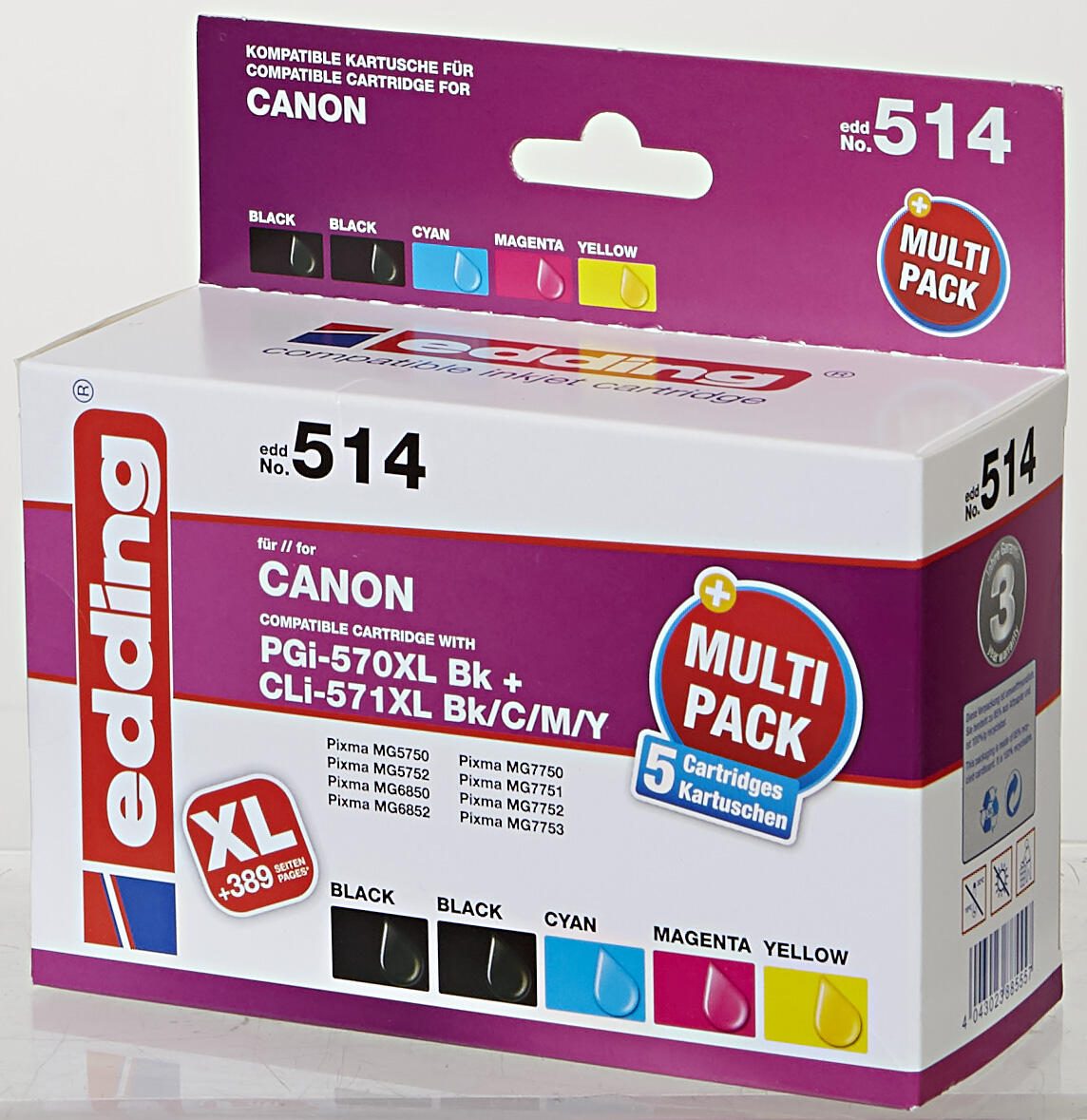 edding Druckerpatronen EDD-514 schwarz, cyan, magenta, gelb kompatibel zu Canon PGI-570XL/CLI-571XL BK/C/M/Y, 5er-Set